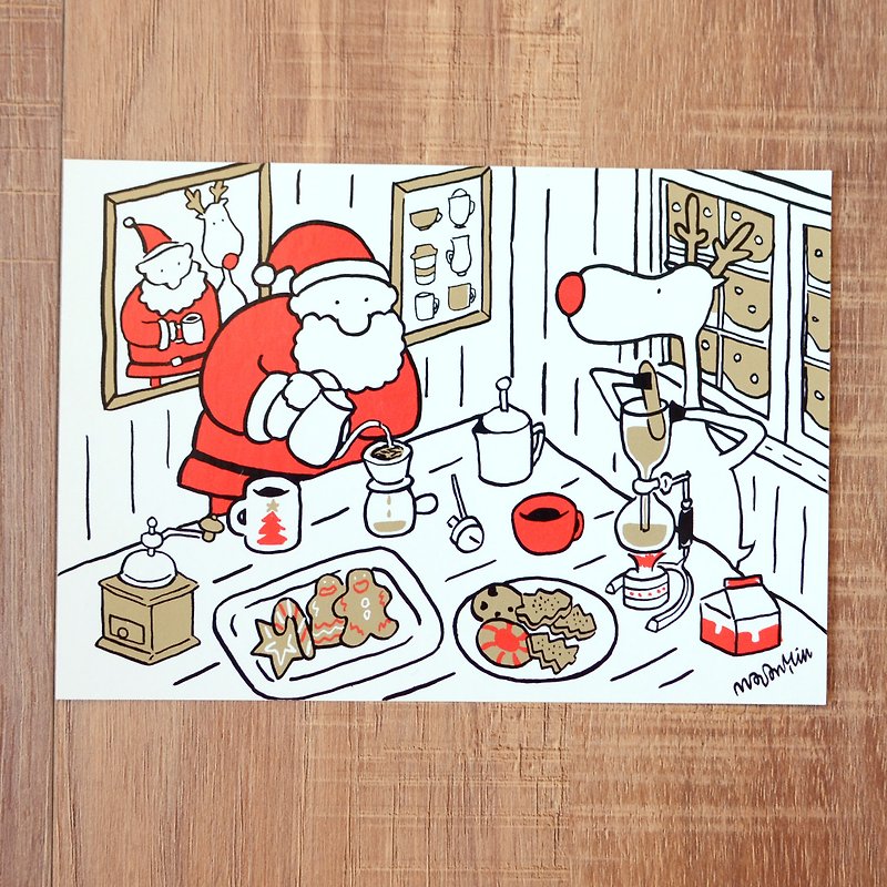 Christmas Card - 2018 Santa Claus and Elk Daily Postcard No. 11: Hand Coffee - การ์ด/โปสการ์ด - กระดาษ สีแดง