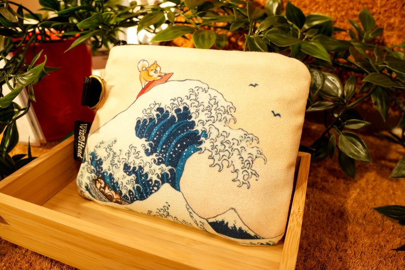 [Surf Shiba] Kanagawa Surf Shiba Inu-Canvas Coin Purse | Storage Bag | Universal Pouch | Ukiyoe - Coin Purses - Other Materials Multicolor