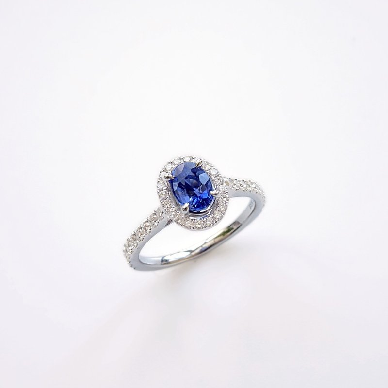 Royal Blue Oval Cut Sapphire Diamond Halo 18K Solid White Gold Ring JSR18-1.01ct - แหวนทั่วไป - เครื่องเพชรพลอย สีน้ำเงิน