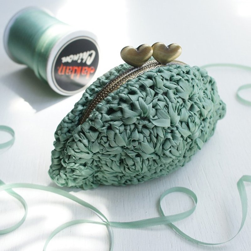 Ba-ba handmade ☆ ribbon yarn crochet coinpurse (No. C921) - กระเป๋าเครื่องสำอาง - วัสดุอื่นๆ สีเขียว
