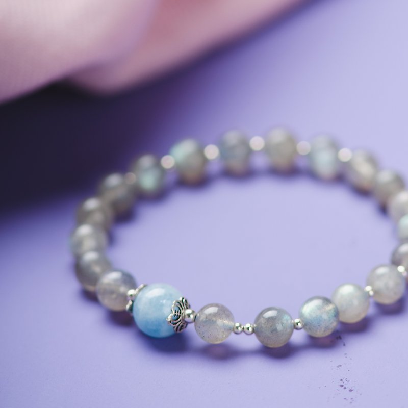 Labradorite, Aquamarine, 925 Sterling Silver Natural Gemstone Bracelet - สร้อยข้อมือ - เครื่องประดับพลอย สีน้ำเงิน