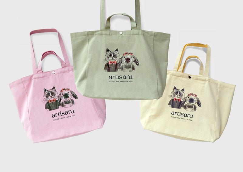 Artisanu | Premium Art Tote Bag with Cute Cat & Rabbit Duo Strap Shopping Bag - Messenger Bags & Sling Bags - Cotton & Hemp 