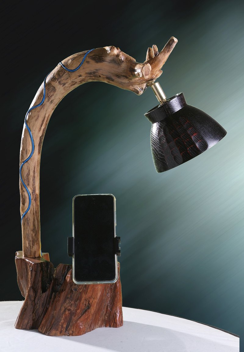 Log Art Desk Lamp Mobile Phone Holder MA011 Universal Pan Tilt Press Type Mobile Phone Clamp - โคมไฟ - ไม้ 