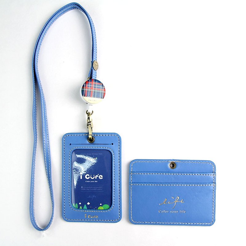 My life staff hand made leather ID card set / easy treasure blue leather hand made card sleeve expansion - ที่ใส่บัตรคล้องคอ - หนังแท้ สีน้ำเงิน