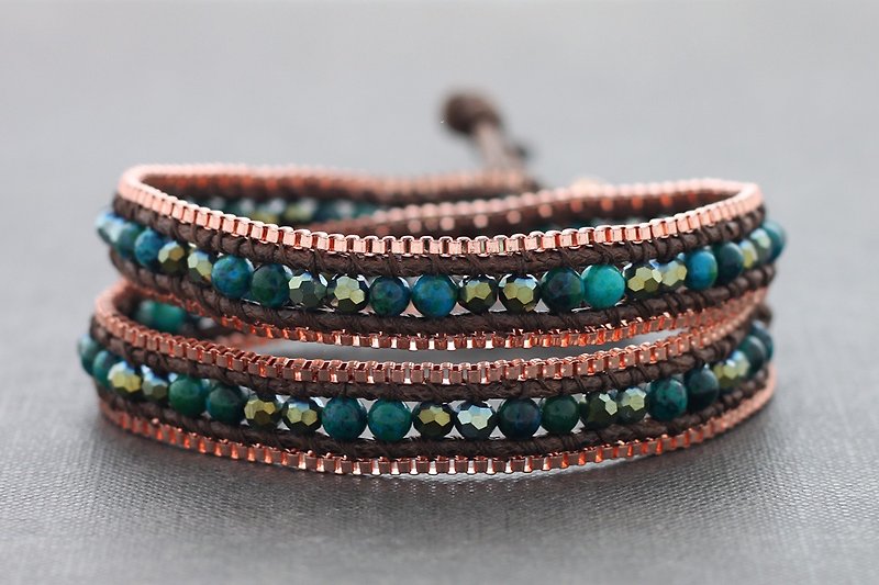 Malachite Faceted Crystal Copper Double Wrap Bracelets Chain Gorgeous - สร้อยข้อมือ - โลหะ สีทอง