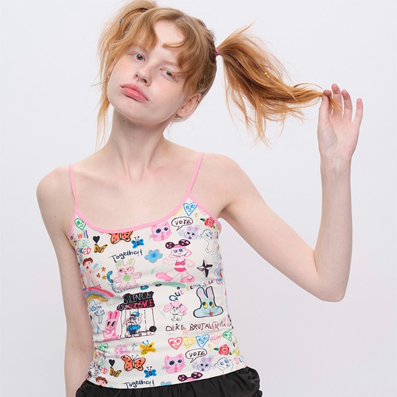 Cute Graffiti Print Short Camisole 3 Colors Enter - เสื้อกั๊กผู้หญิง - วัสดุอื่นๆ ขาว