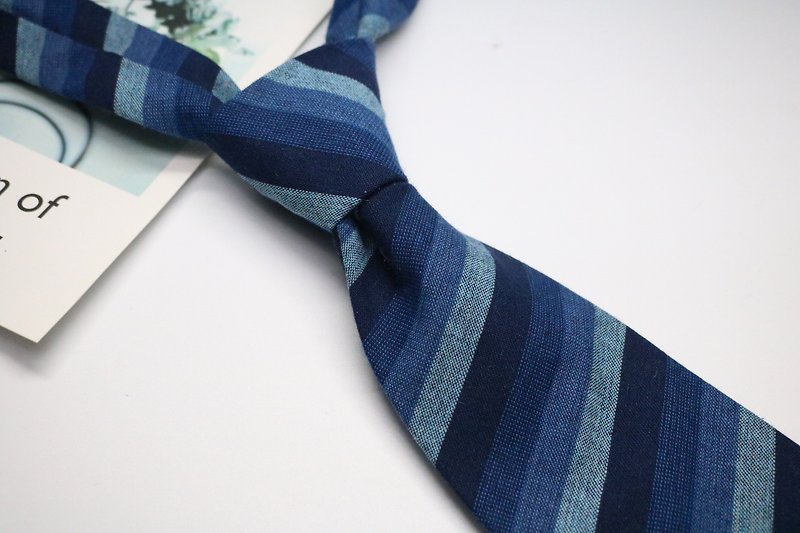 Retro striped blue tie / business men's washed fabric / smart fried - Ties & Tie Clips - Cotton & Hemp Blue