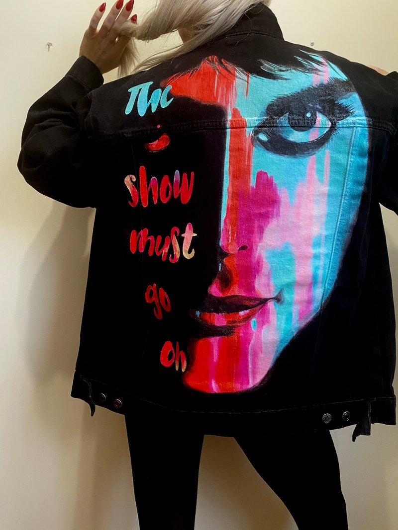 Painted Denim Jacket Handmade Custom jacket Freddie Mercury Rock Band Queen Gift - เสื้อแจ็คเก็ต - ผ้าฝ้าย/ผ้าลินิน หลากหลายสี