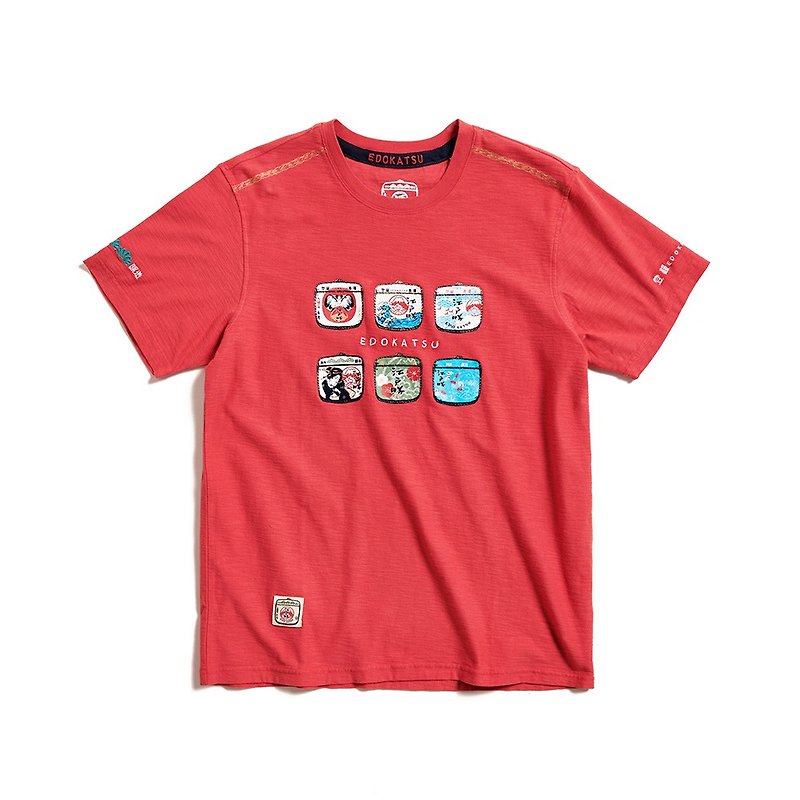 江戶勝 日系 酒樽印花LOGO短袖T恤-男裝 (桔紅色) #上衣 - T 恤 - 棉．麻 紅色