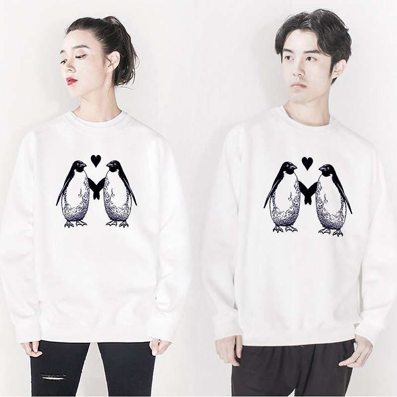 Penguin Love 男女 大學T 刷毛 中性版 白色 企鵝 愛 動物 環保 - 男 T 恤 - 棉．麻 灰色