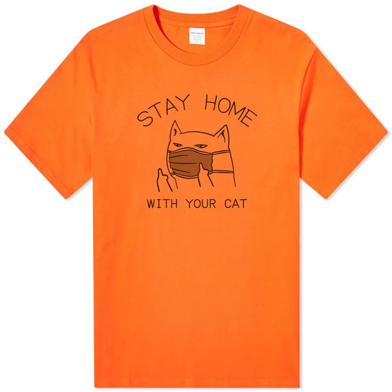STAY HOME WITH YOUR CAT unisex orange t shirt - เสื้อยืดผู้หญิง - ผ้าฝ้าย/ผ้าลินิน สีส้ม