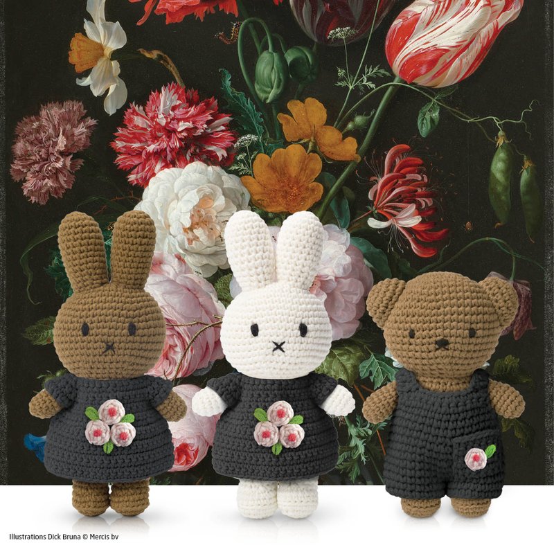 荷蘭進口Miffy【荷蘭國家博物館-經典小花】Just Dutch授權米非兔 - 公仔/玩偶 - 棉．麻 黑色
