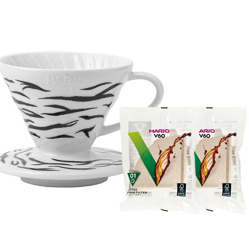 HARIO V60 Tiger pattern filter cup-white with filter paper 2 packs/VDC-01-W-EX - Coffee Pots & Accessories - Pottery White