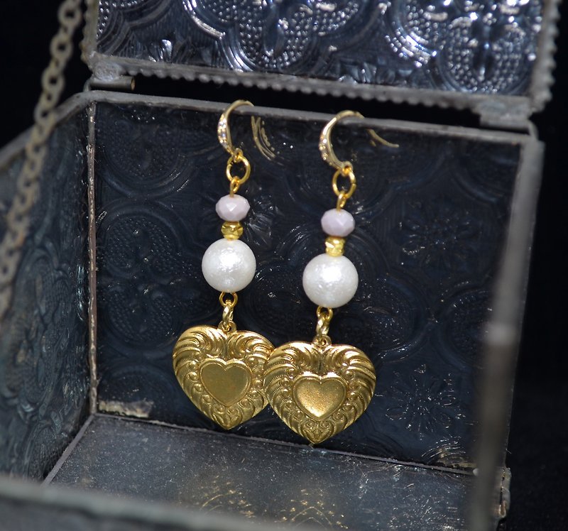 復古愛心皺紋珍珠鑲鋯石耳鉤 - 耳環/耳夾 - 其他金屬 金色