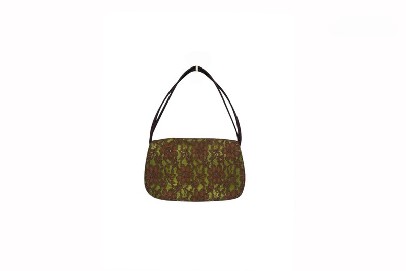 Jean-Louis Scherrer Small Size Top handle bag, green with brown florals lace bag - 手提包/手提袋 - 聚酯纖維 咖啡色