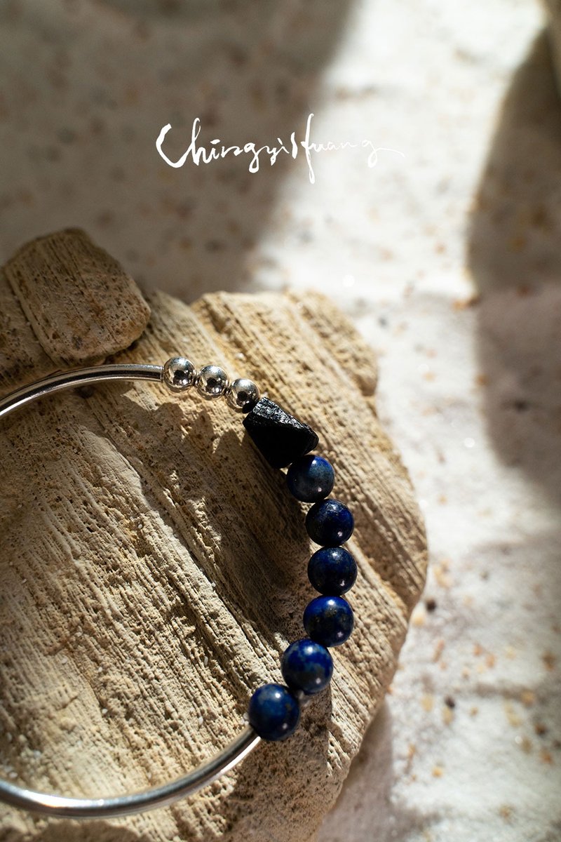 Earth-Lapis lazuli & Black Tourmaline Silver Bracelet - Bracelets - Crystal Blue