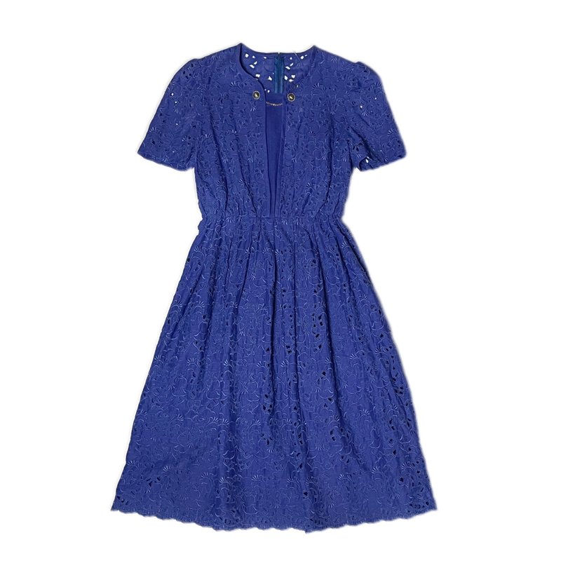 レトロなジャパン・ディープブルー、オープンワーク彫刻モノクロワンピース - ワンピース - その他の素材 多色