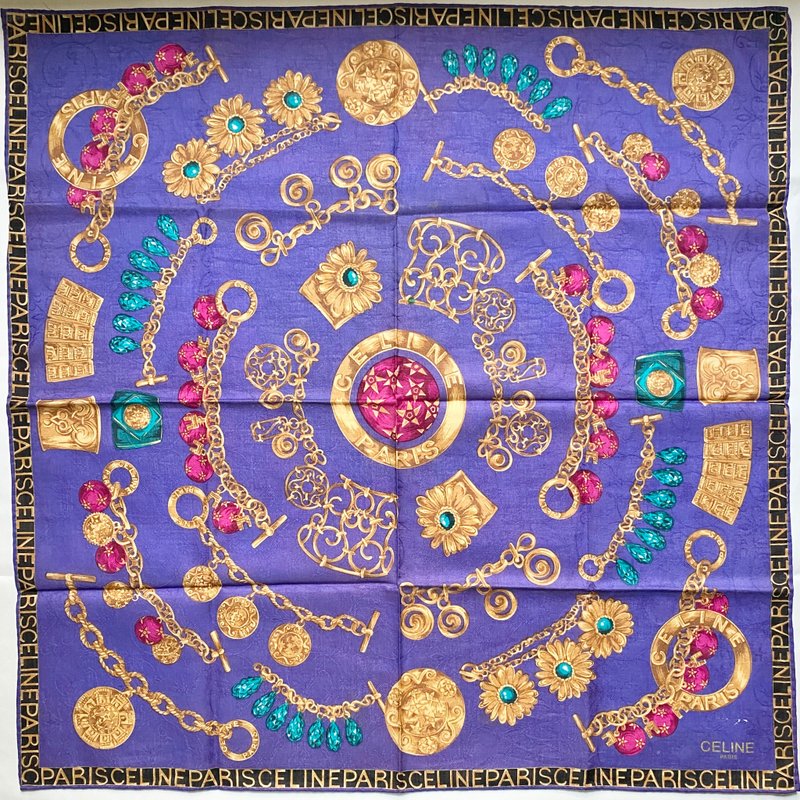 Vintage CELINE Purple Gold Chain Jewelry Motif Handkerchief Scarf Pocket Square - 手帕 - 棉．麻 紫色