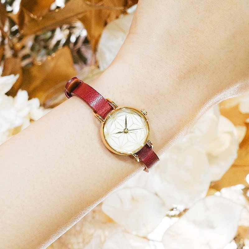 Crystal Gold Hemp Leaf|| Foil Pattern Series Women's Watch - นาฬิกาผู้หญิง - หนังแท้ หลากหลายสี