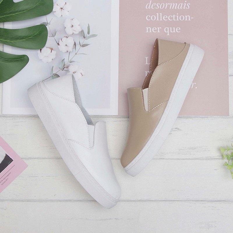 Genuine leather plain simple slip-ons-black/white/grey/milk tea 8052L - Mary Jane Shoes & Ballet Shoes - Genuine Leather White