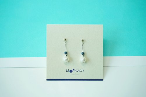 moonacy 施華洛世奇水晶珍珠 垂掛耳環 耳夾 (深藍 玻璃珠)