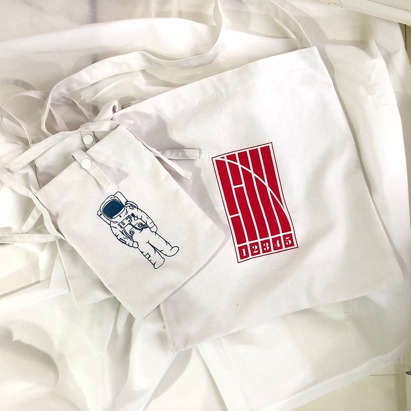 1 + 1 large and small combination of hand-printed silk canvas bag - กระเป๋าแมสเซนเจอร์ - ผ้าฝ้าย/ผ้าลินิน ขาว