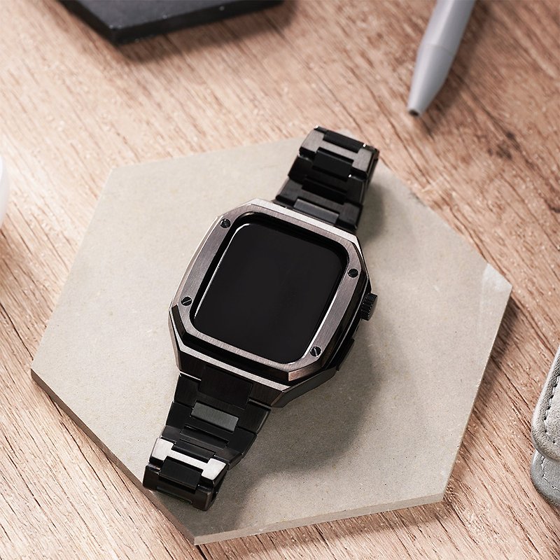 Apple watch - 美しく磨かれたステンレス保護ケース x 時計バンドセット -ブラックケース - 腕時計ベルト - ステンレススチール ブラック