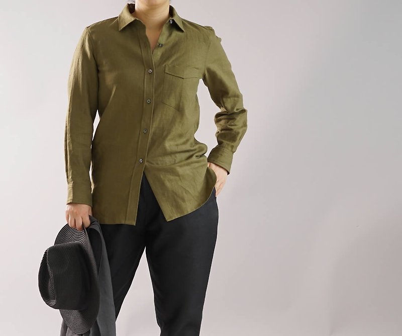 wafu   linen shirt  / long sleeve / oversize / linen blouse / tops /olive b32-14 - เสื้อเชิ้ตผู้หญิง - ผ้าฝ้าย/ผ้าลินิน สีเขียว