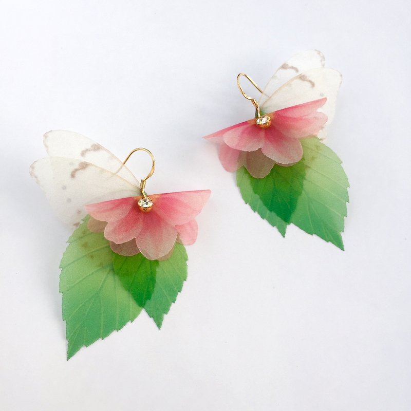 3D﹣flower leaf plants butterfly wing drop long earrings gift - Earrings & Clip-ons - Silk Pink