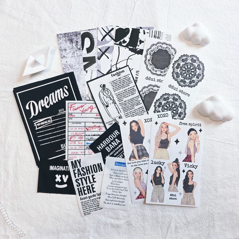 DDui store) black whites scrap multi stickers package - 貼紙 - 紙 黑色