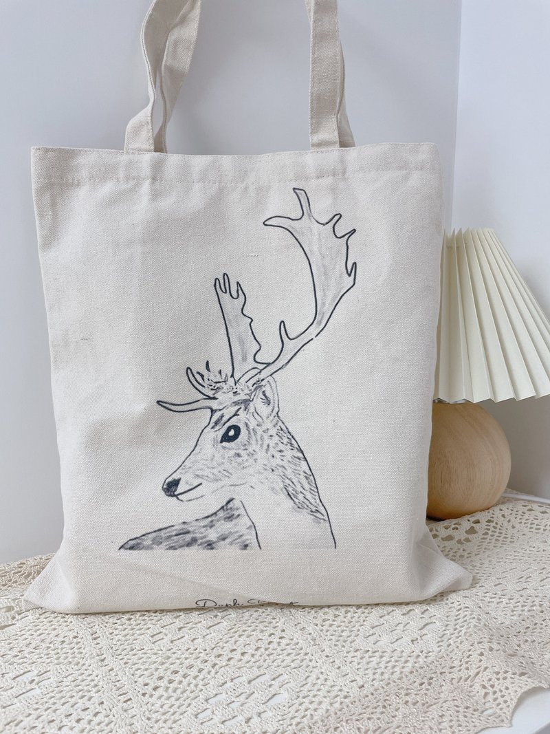 Original Tote Bag (Deer) - กระเป๋าถือ - ผ้าฝ้าย/ผ้าลินิน ขาว