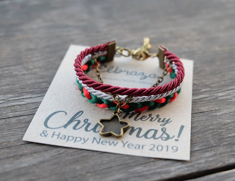 Star layered rope bracelet in maroon /light gray /green /red - Christmas gift - Bracelets - Other Materials Red