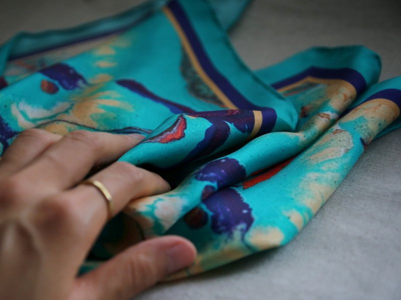 【利古里亞海 Mar Ligure I】真絲方巾 Silk Scarf 50cm - 絲巾 - 絲．絹 藍色
