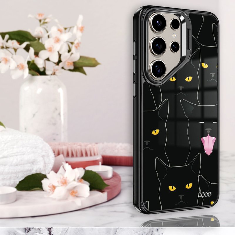Samsung S25/S24/S23系列軍規防摔合金框隱形立架手機殼-慵懶黑貓 - 手機殼/手機套 - 其他材質 多色