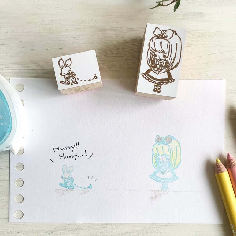 ラバースタンプ【大急ぎのウサギさんと女の子のスタンプ 2点セット】 - 印章/印台 - 其他材質 