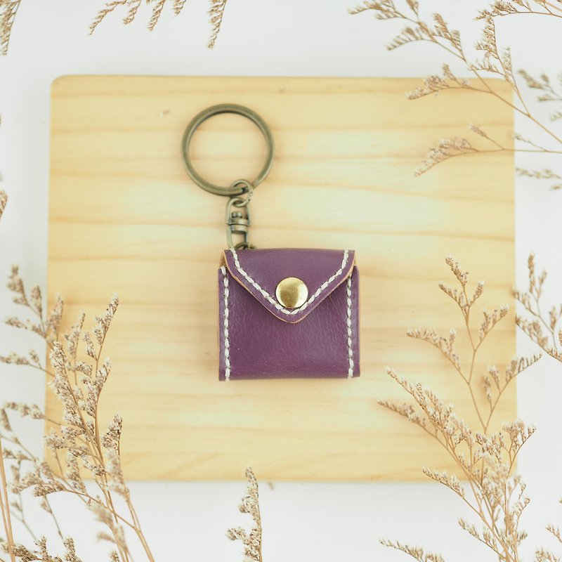 Mini Chubby Keyring Purple Small Coin Purse Envelope Shaped Necklace - ที่ห้อยกุญแจ - หนังแท้ สีม่วง