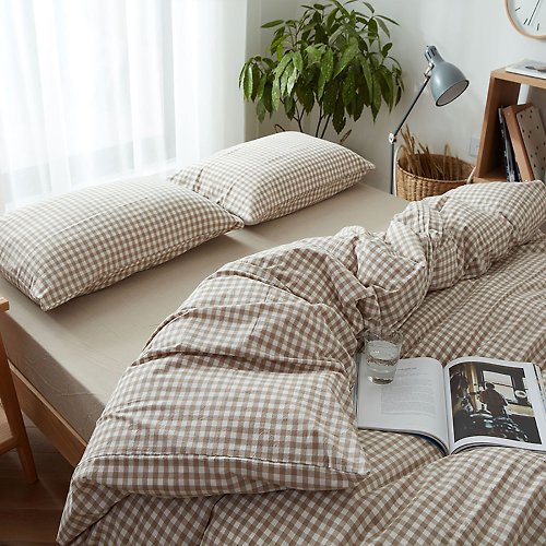 砌砌家居 【CHICHI HOME】小方格咖啡 水洗棉 標準雙人四件組床包(台灣尺寸