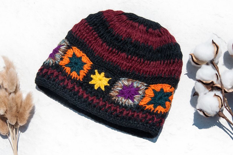 手工編織純羊毛帽/編織帽/針織毛帽/內刷毛花朵毛帽/毛線帽-東歐 - 帽子 - 羊毛 多色