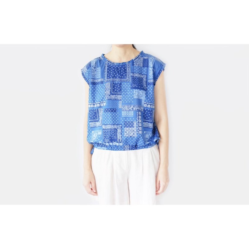 Sleeveless shirt, bowstring, patchwork pattern. - Women's Tops - Cotton & Hemp Blue