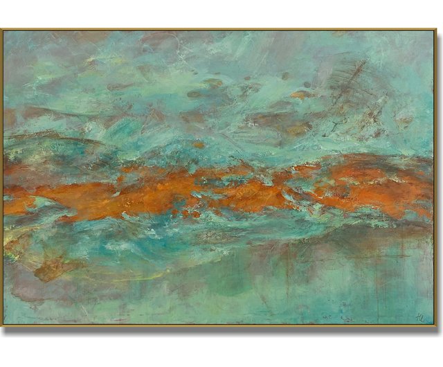 オリジナルのカラフルなアクリル画、抽象的な緑とオレンジの