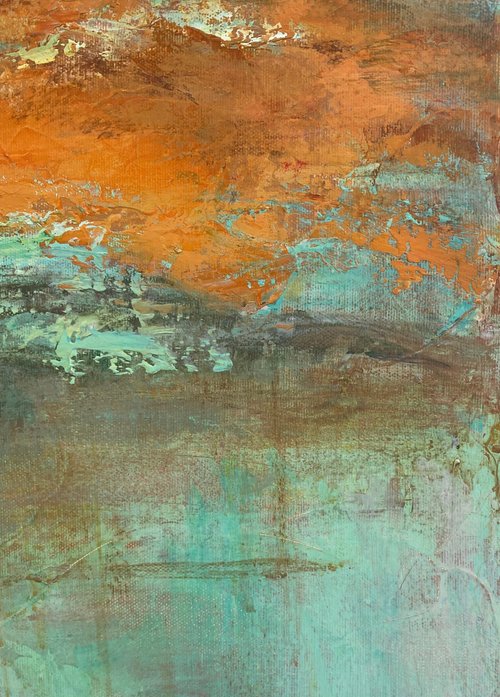 抽象アクリル画 緑色と茶色 オリジナルのカラフルなアクリル画、抽象的な緑とオレンジのテクスチャ