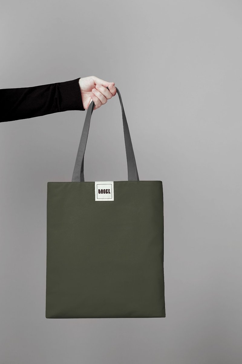 カラーブロックショルダーキャンバスバッグ（ミディアム）/グリーン+グレー - ショルダーバッグ - その他の素材 多色