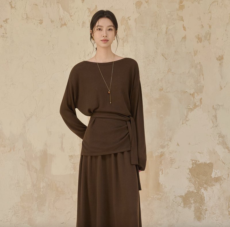 法式極簡 / 慵懶綁帶針織衫 / 半裙套裝 / 羊毛混紡 - 女毛衣/針織衫 - 其他材質 多色