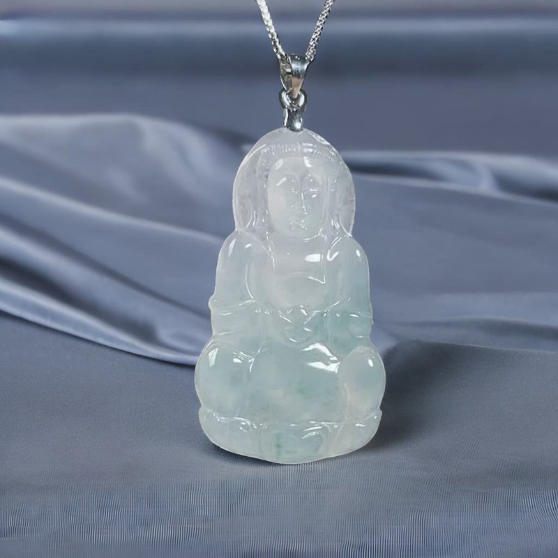 Ice Jade Guanyin Bodhisattva Necklace 14K Gold Pendant | Natural Burmese Jade A-grade | Gift - สร้อยคอ - หยก สีใส
