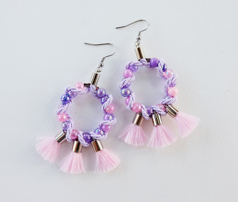 Lilac circle earrings with pale pink tassels - Earrings & Clip-ons - Other Materials Purple