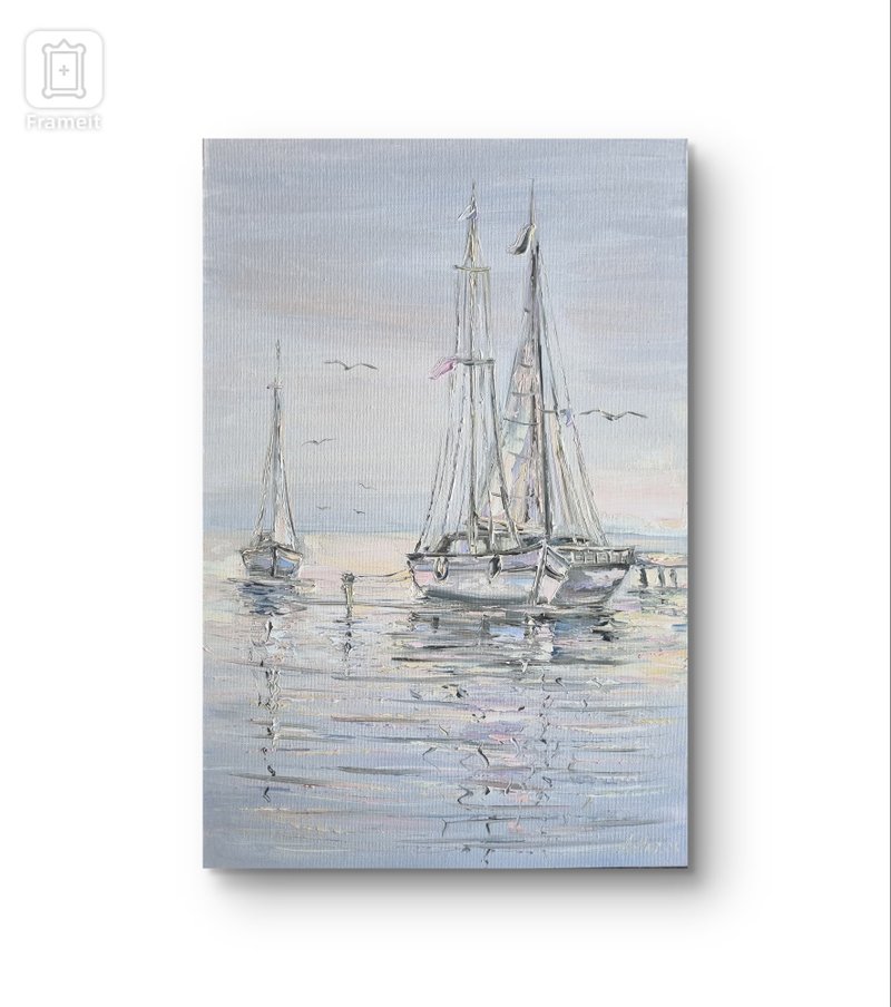 Sailboat oil painting Yahts artwork original oil painting - 壁貼/牆壁裝飾 - 棉．麻 灰色