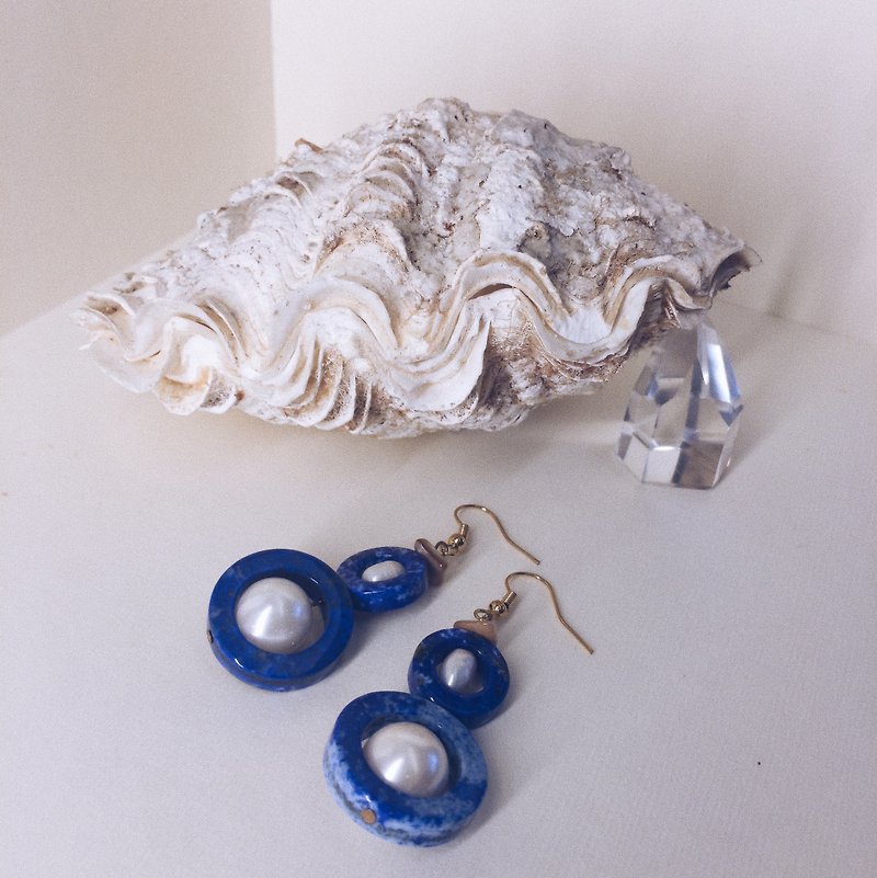 靛青雙珍珠 大耳環 - 耳環/耳夾 - 寶石 藍色