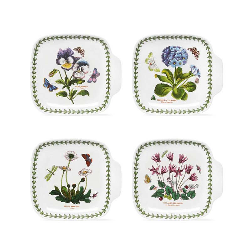 Portmeirion Botanic Garden classic botanical garden series-16.8cm handle square plate 4 set - จานและถาด - เครื่องลายคราม ขาว