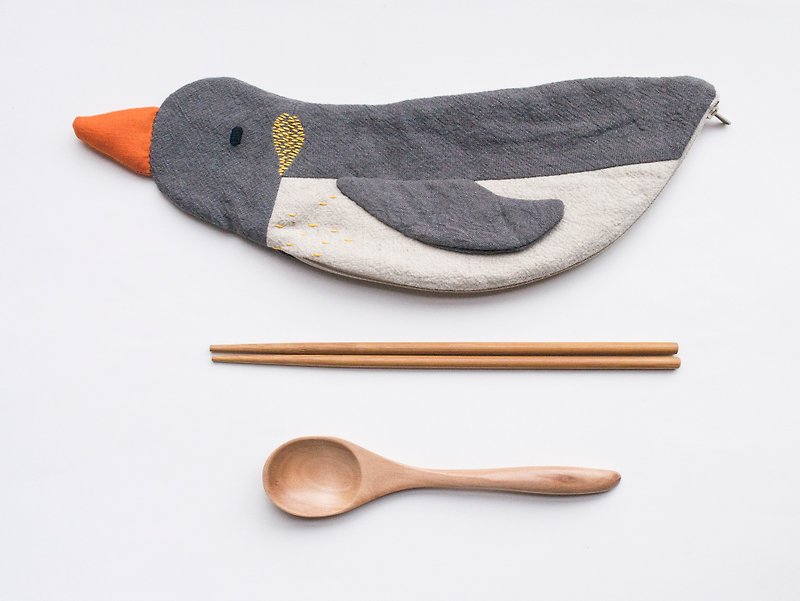 Penguin travel cutlery pouch case - Ash - Chopsticks - Cotton & Hemp Multicolor