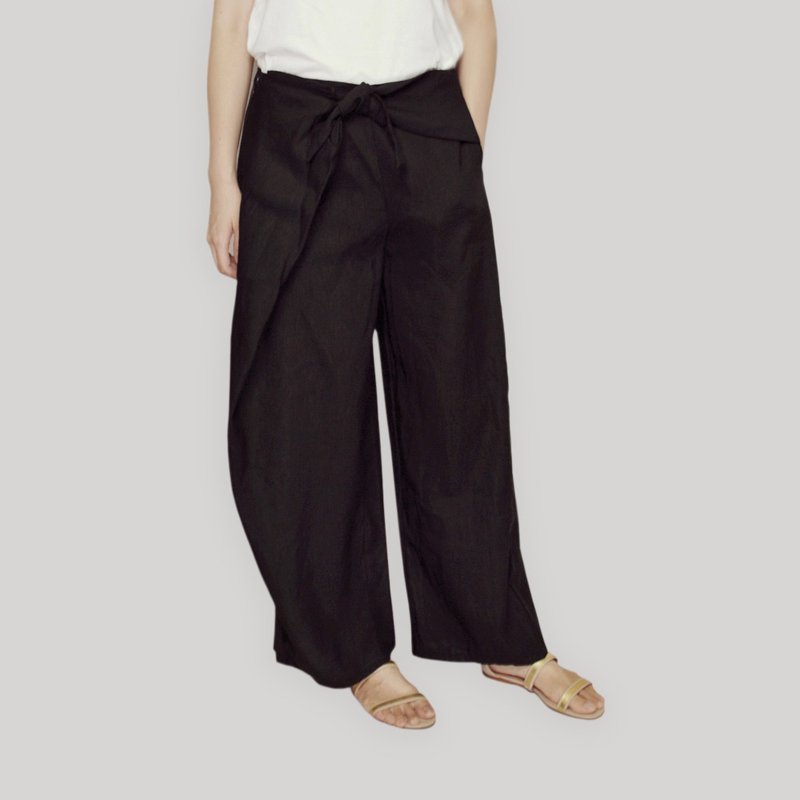 Black Linen Asymmetric Knot Wide Pants - กางเกงขายาว - ผ้าฝ้าย/ผ้าลินิน สีดำ